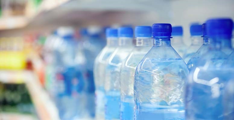 Bottled water on store shelf